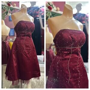 Vintage Y2K 2000s Beaded Fairy Mini Corset Dress Burgundy Red Strapless S/M